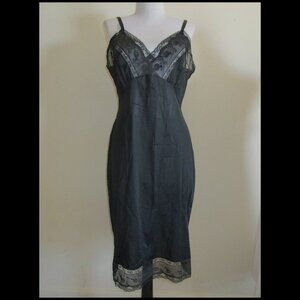 Vintage 1960's Hollywood Vassarette Black Nylon Tricot Lace Slip Dress Size 38